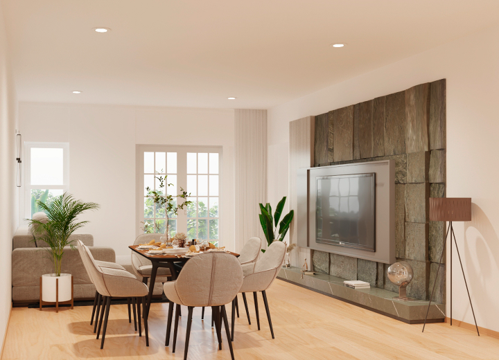 Sala de estar en The Crescent at Reunion con diseño moderno, iluminación natural, grandes ventanales y acabados elegantes para una experiencia de lujo y confort.