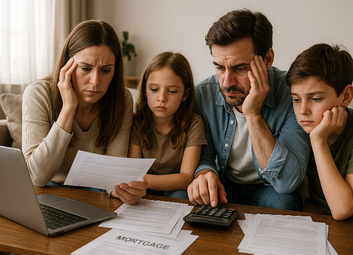 Imagen realista que muestra a una familia enfrentando el reto de pagar su mortgage. Refleja el momento en que muchos latinos descubren que pueden comprar en vez de seguir rentando. Ideal para contenidos sobre asesoría financiera, compra de vivienda y educación al comprador.