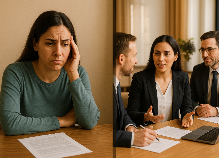 Imagen dividida que presenta el antes y después de recibir asesoría real para comprar casa. A la izquierda, una persona confundida; a la derecha, empoderada junto a un equipo de expertos. Perfecta para hablar de la importancia de contar con un buen agente inmobiliario y asesoría financiera confiable.